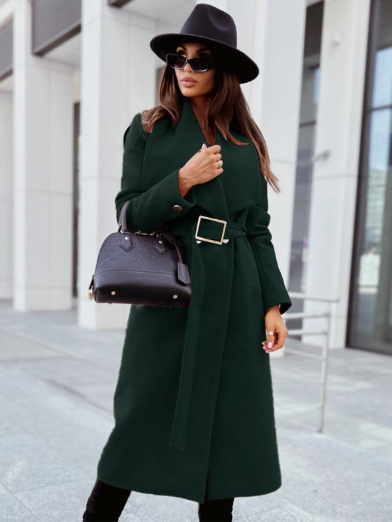 Elegant women's maxi coat A-line silhouette high collar fashion-forward outerwear polished feminine style