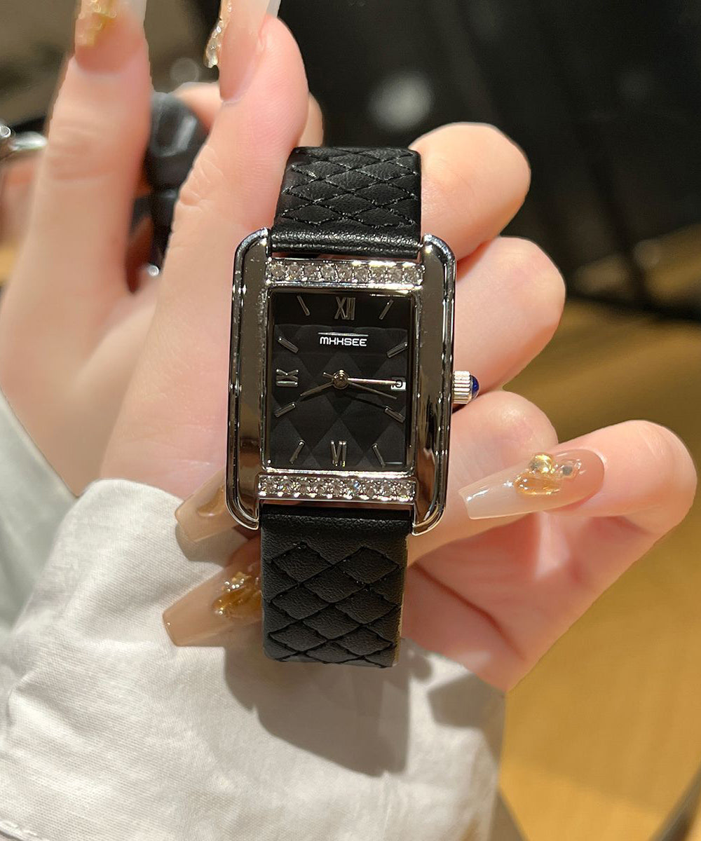 Montres décontractées en cuir noir et verre renforcé de zircon à mouvement à quartz - Urbann-Vibe