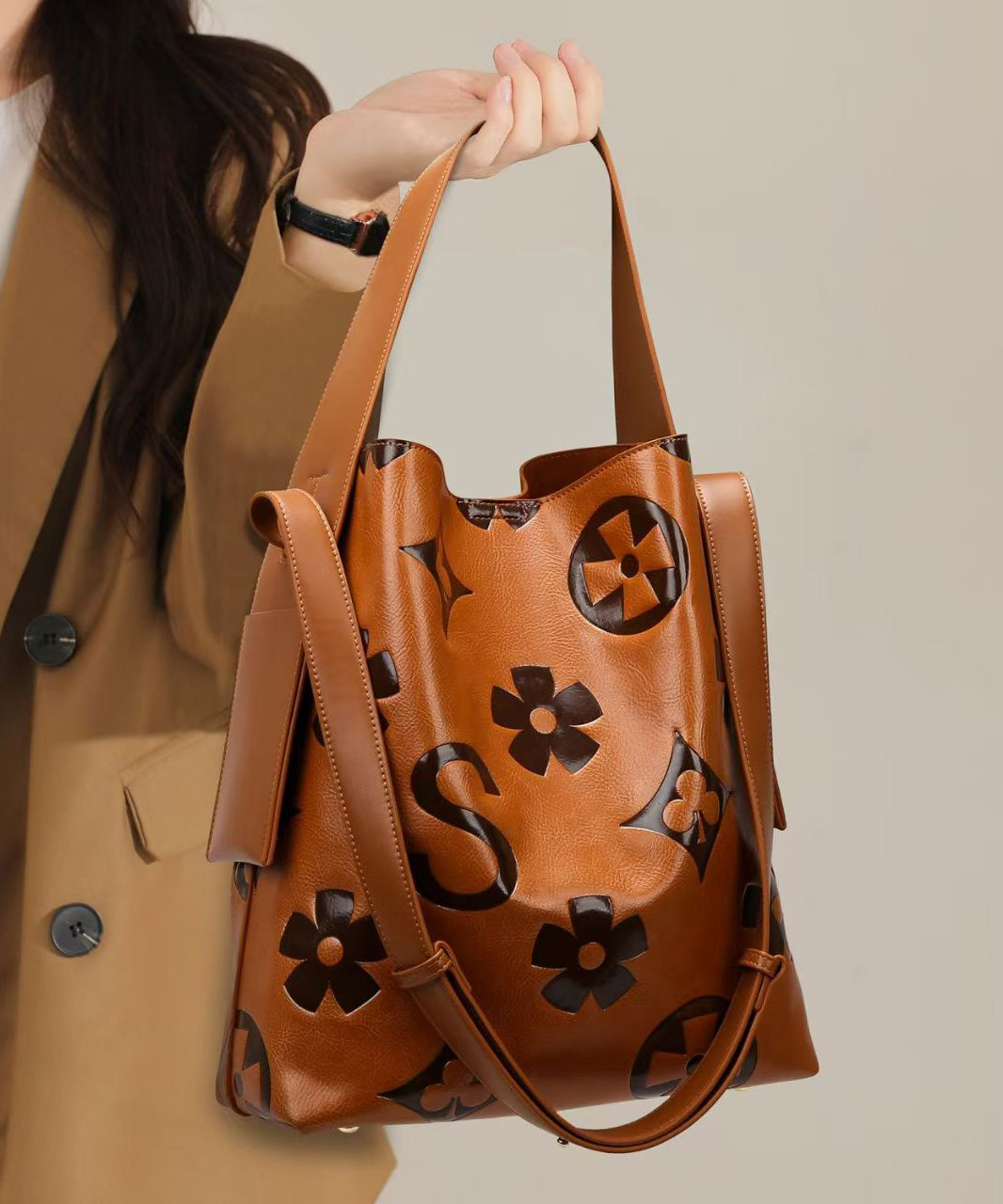 Sac seau décontracté en cuir de veau marron gaufré de grande capacité - Urbann-Vibe