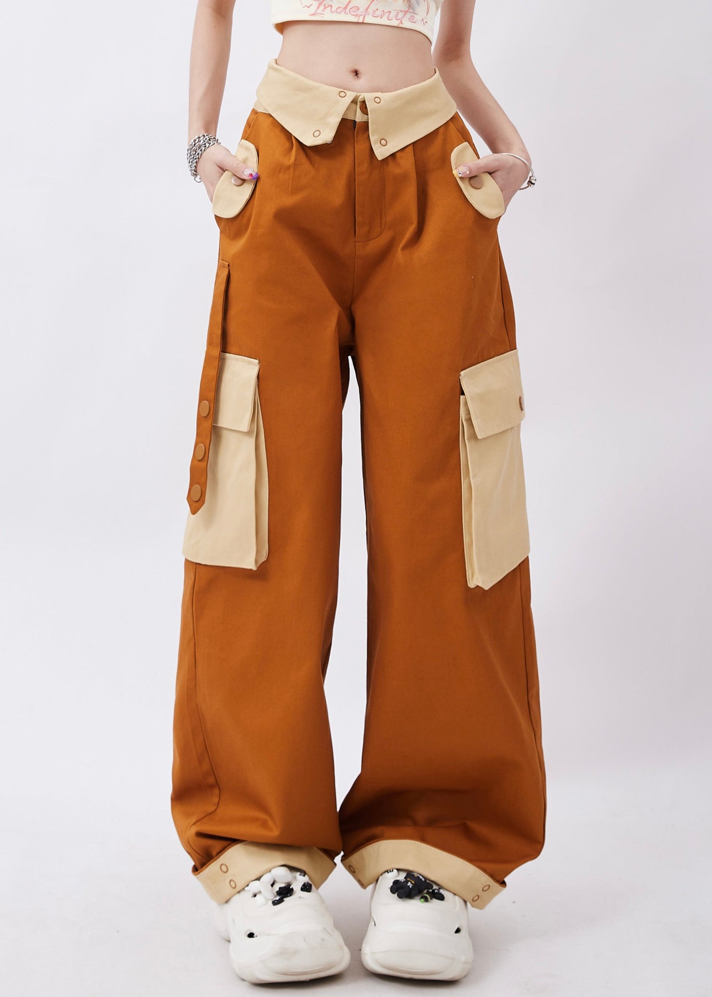 Pantalon décontracté en coton marron avec poches patchwork, printemps - Urbann-Vibe