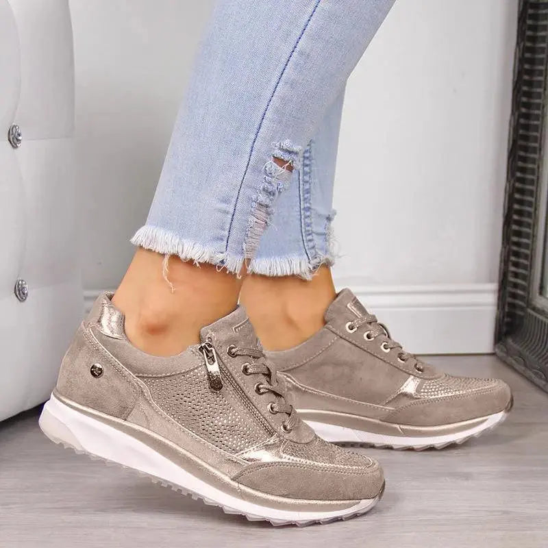 Women's casual lace-up sneakers with side zipper, cushioned insole, soft-brushed fabric for all-day wear