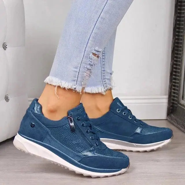 Women's casual lace-up sneakers with side zipper, cushioned insole, soft-brushed fabric everyday style