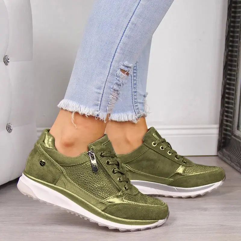 Women's casual lace-up sneakers with side zipper, cushioned insole, soft-brushed fabric for all-day comfort