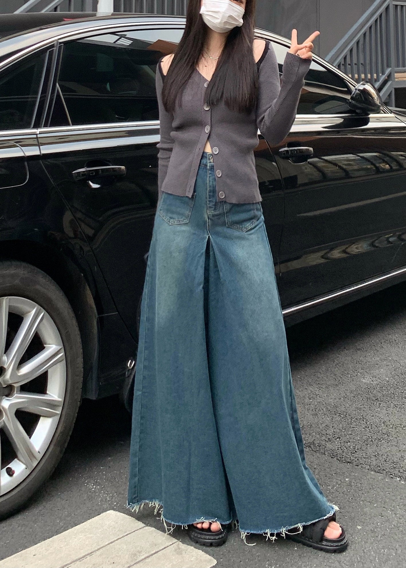 Jupes-pantalons larges décontractés en denim bleu marine à pompons pour l'automne - Urbann-Vibe