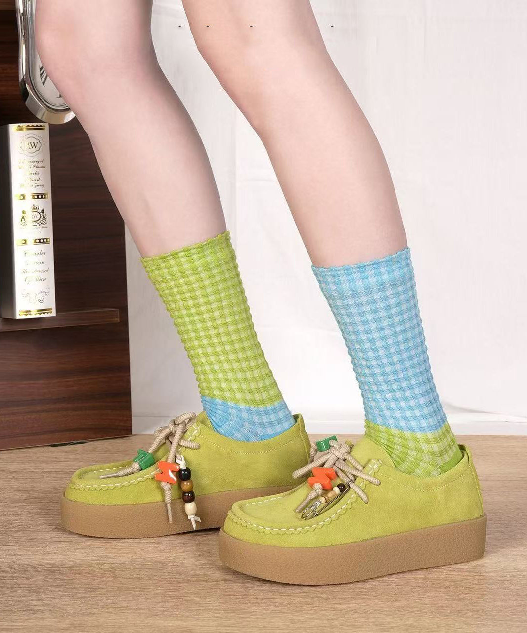Chaussettes mi-mollet en coton à carreaux asymétriques et décontractées - Urbann-Vibe