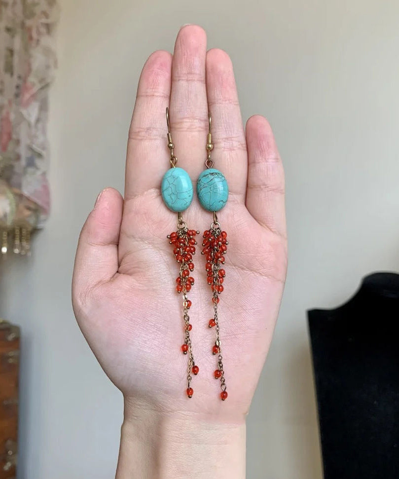 Boucles d'oreilles pendantes décontractées en argent sterling rouge surdoré, turquoise et grenade - Urbann-Vibe