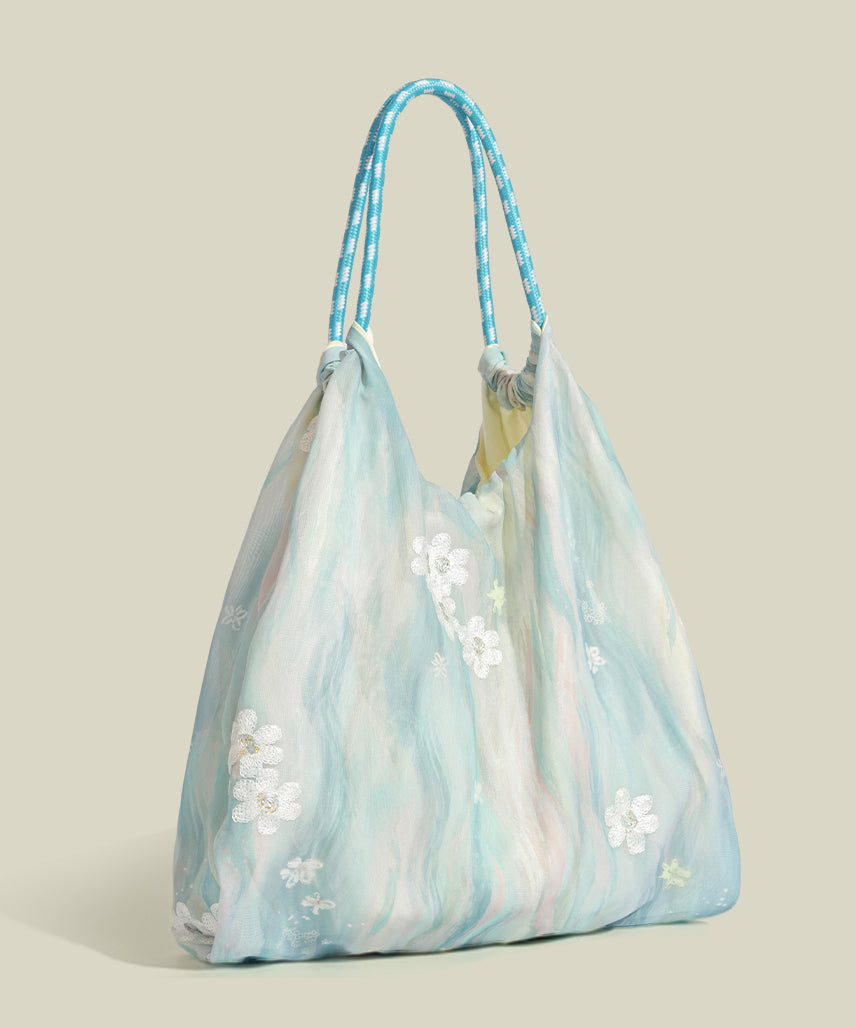 Sacs à bandoulière décontractés en nylon bleu ciel avec broderies marguerites - Urbann-Vibe