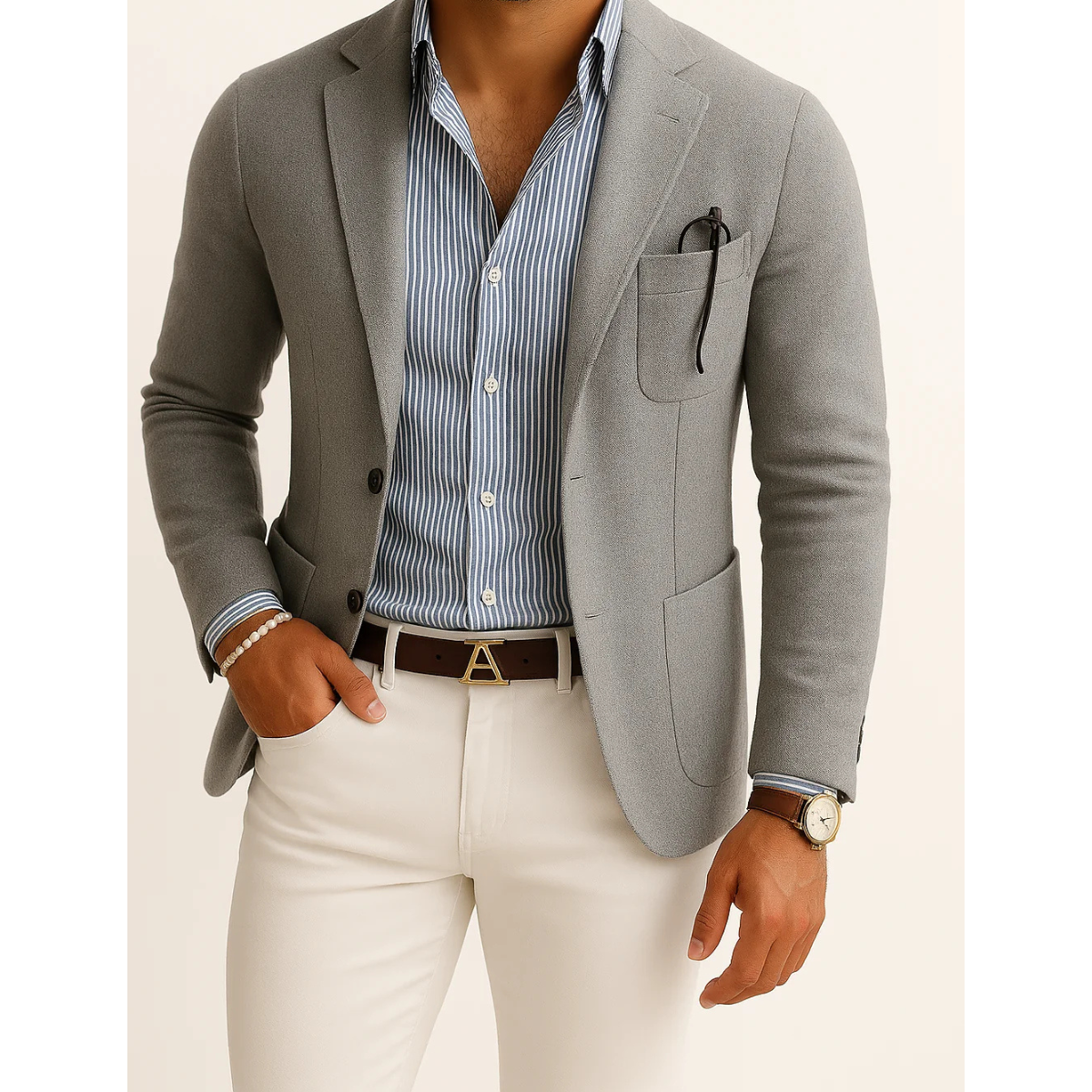 Men's casual tailored blazer with notched lapel, structured shoulders, and flap pockets for versatile wear