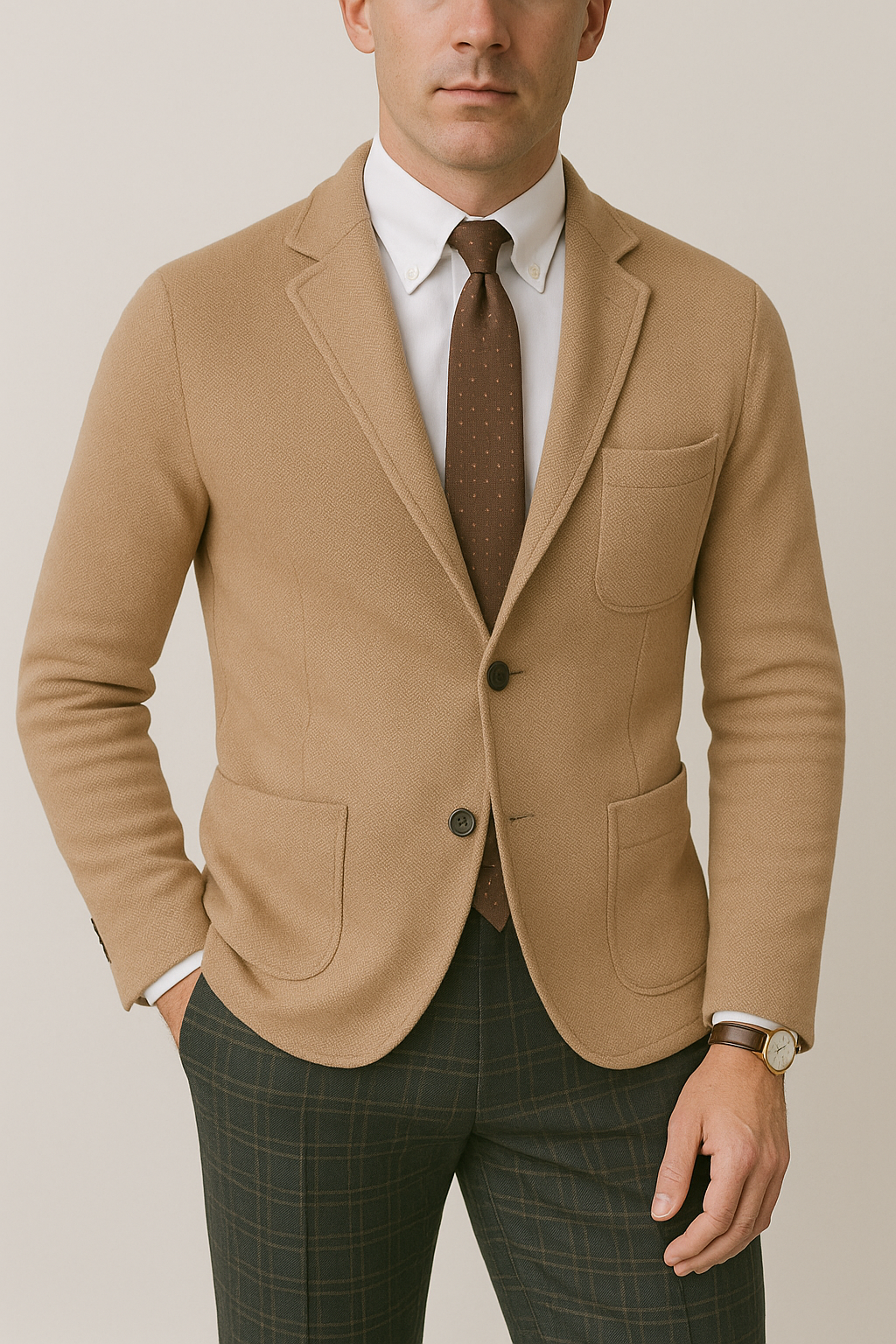 Men's casual tailored blazer with notched lapel, structured shoulders, and flap pockets for versatile wear