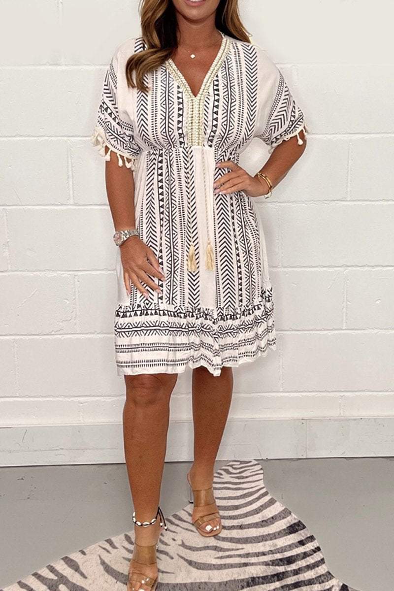 Tulum | Women's Boho Print Mini Dress V-Neck Tassel Summer