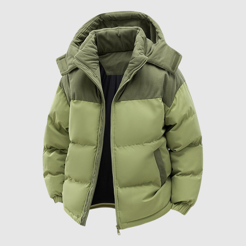 Men's relaxed fit puffer jacket with hooded corduroy panels for versatile all-weather comfort