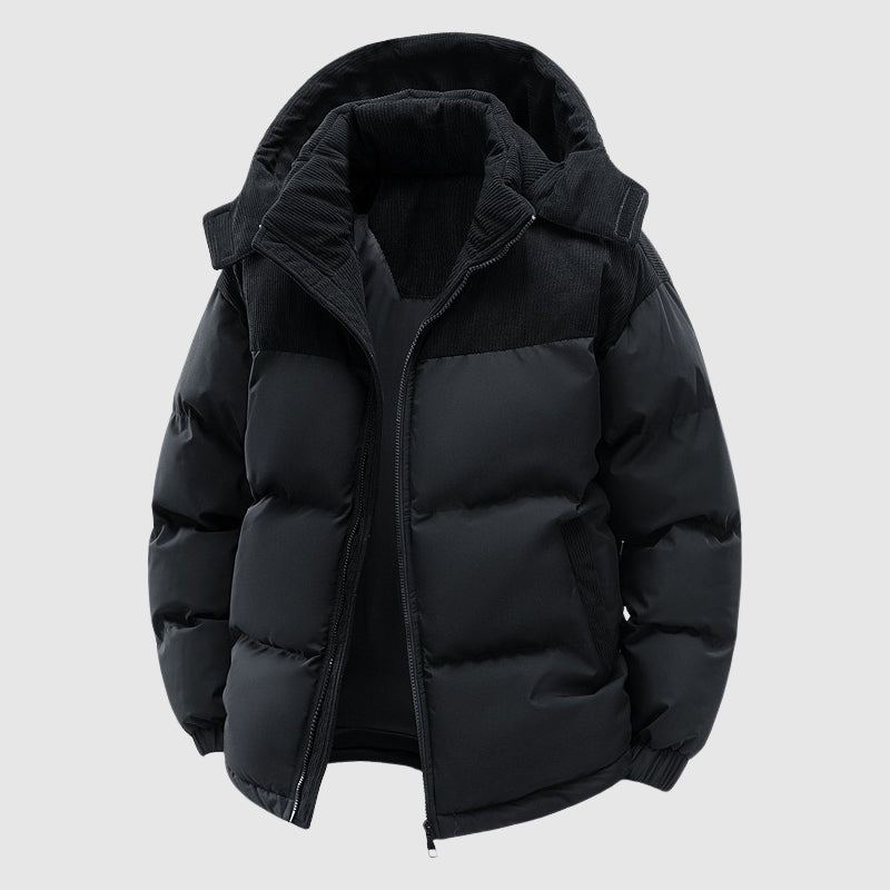 Men's quilted puffer jacket relaxed fit with hooded zip front for cozy winter warmth