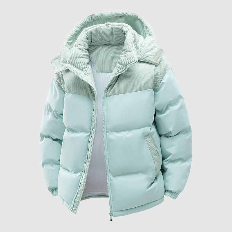 Men's relaxed fit puffer jacket with hooded corduroy panels for all-weather versatile comfort