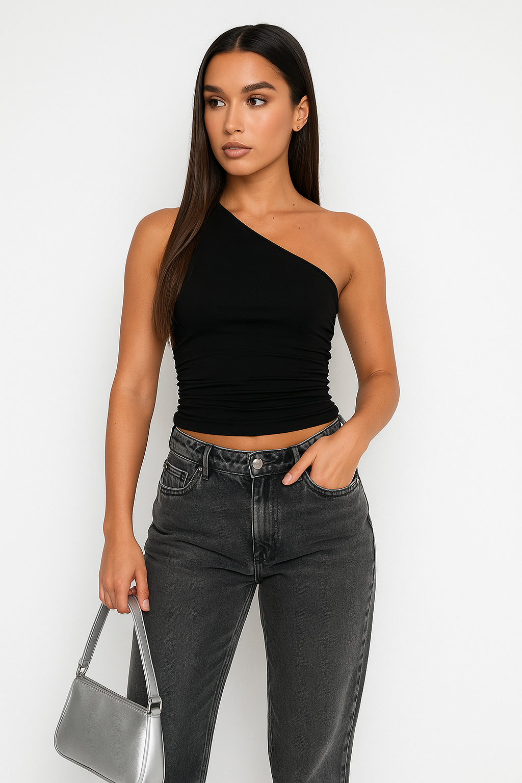 Women's asymmetric one-shoulder tank top soft stretch cotton minimalist sculptural silhouette