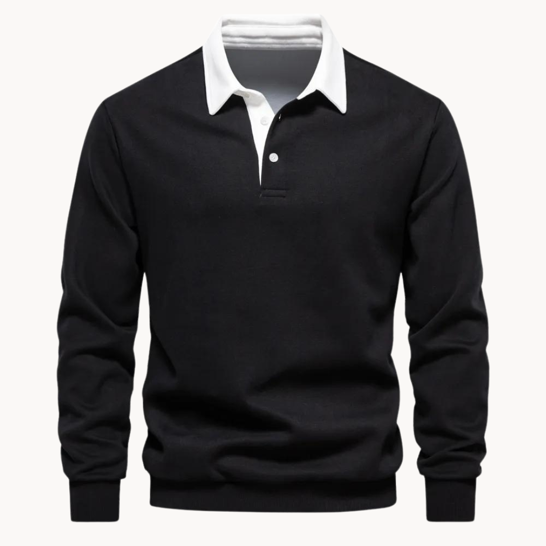 Navy blue polo sweatshirt smart casual fit soft fleece ribbed hem button placket collar