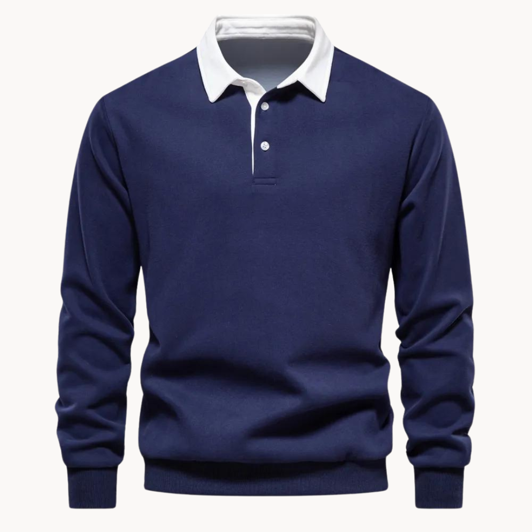 Navy blue polo sweatshirt smart casual fit ribbed fleece blend with button placket collar