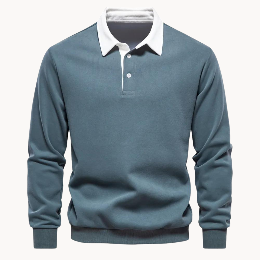 Navy blue polo sweatshirt smart casual fit ribbed hem soft fleece blend button placket collar