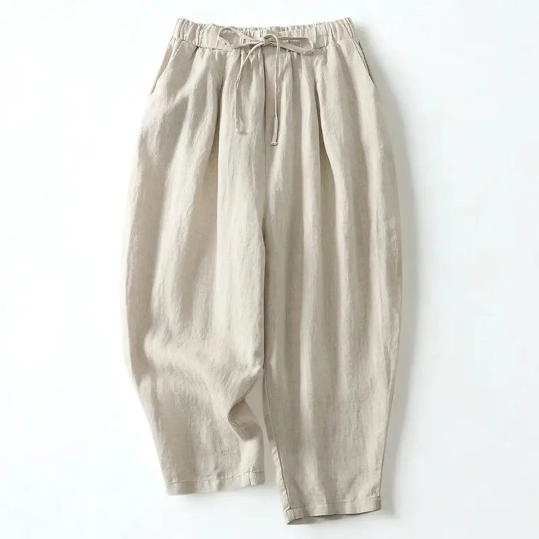 Women's wide-leg linen pants drawstring elastic waist lightweight breathable ankle-length casual fit