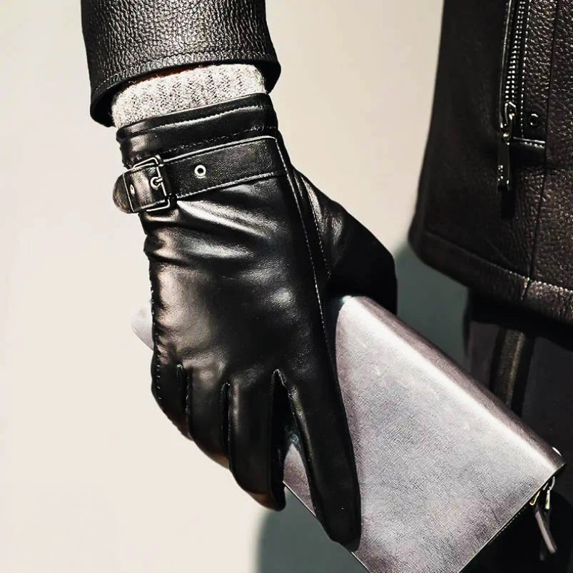 Men's brown full-grain leather driving gloves with polished sheen, timeless winter style
