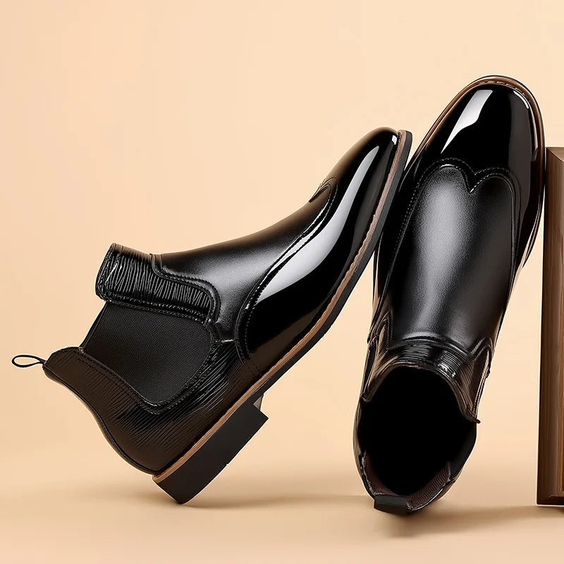 Men's black Chelsea boots mirror-shine leather sleek silhouette all-day comfort modern style