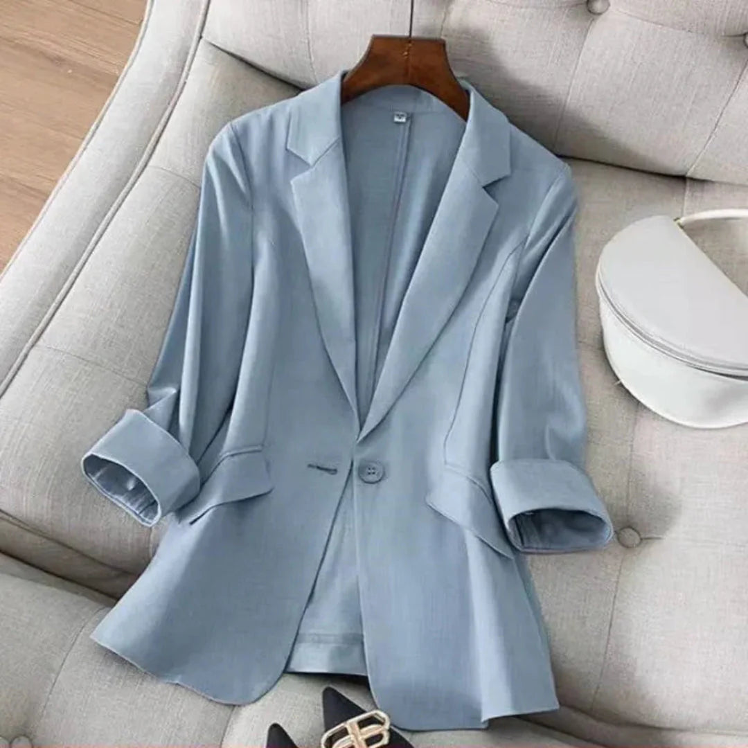 Cecile women's linen blazer, light beige, structured 3/4 sleeve with clean roll-cuff finish