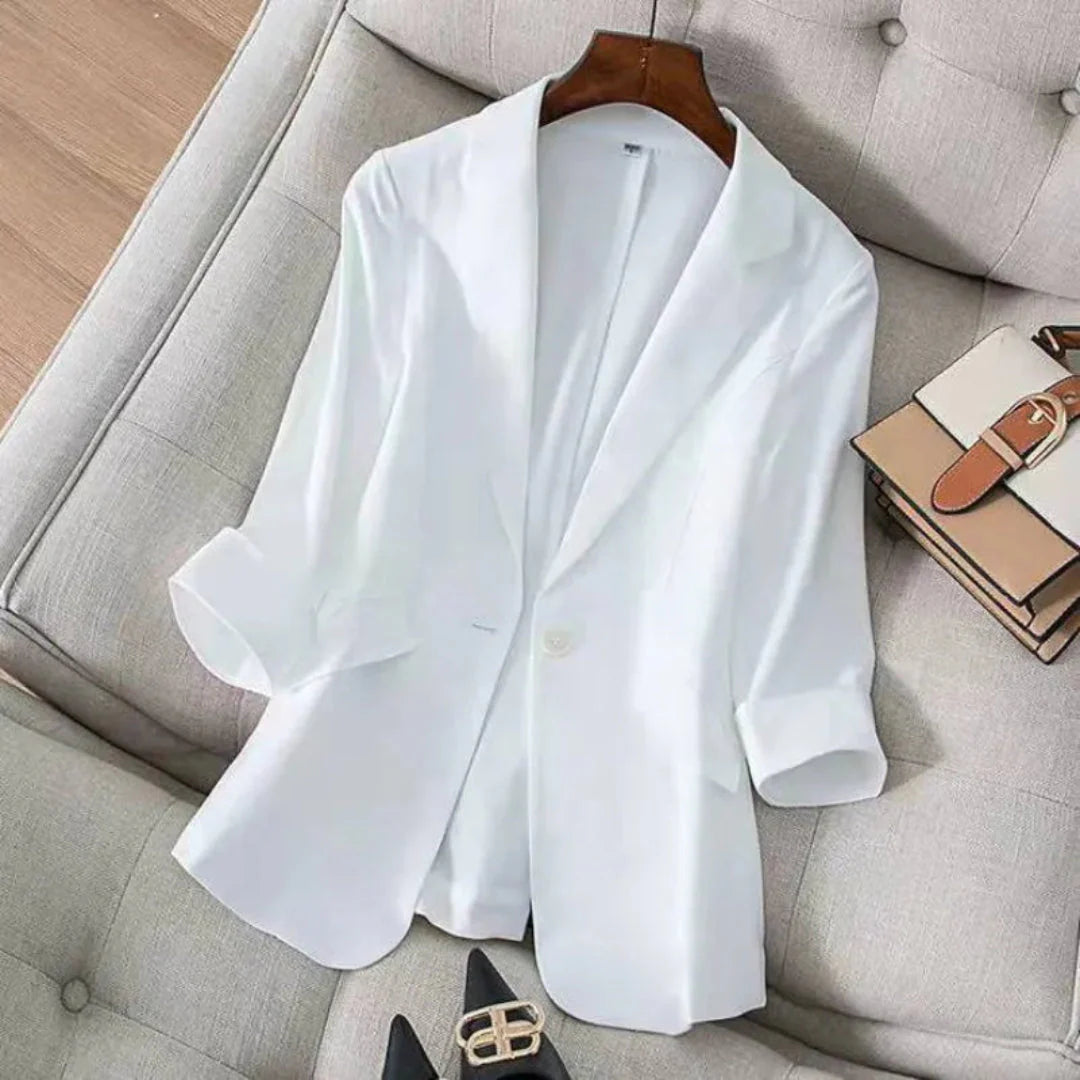 Cecile women's linen blazer natural beige structured 3/4 sleeve roll-cuff lightweight tailored fit