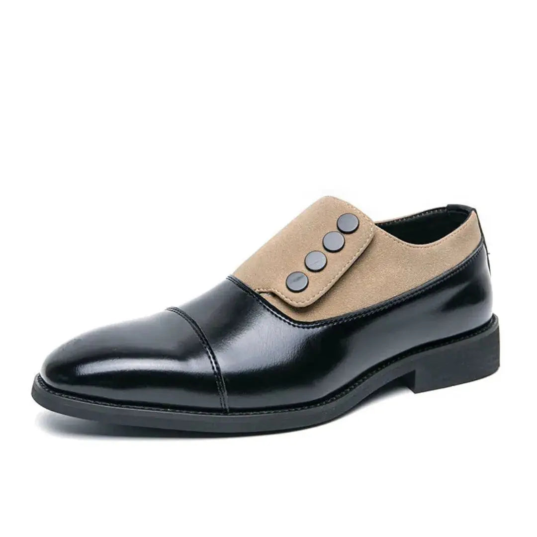 Men's two-tone slip-on oxford shoes black cap toe statement button flap power dressing