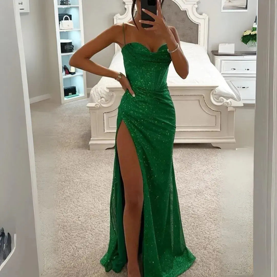 Silver glitter satin corset maxi dress with structured bodice and thigh-high slit for gala