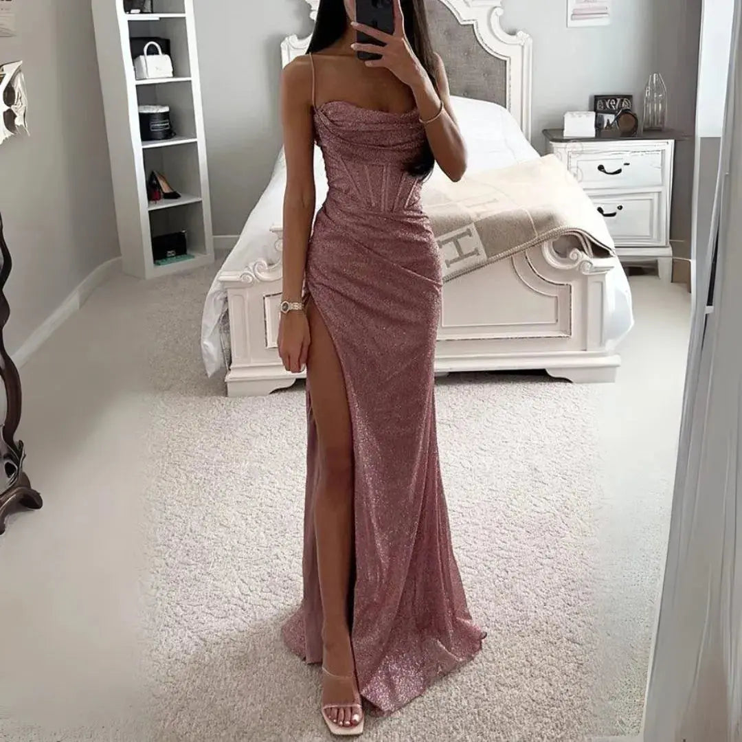 Celeste silver glitter satin corset maxi dress with structured bodice and thigh-high slit