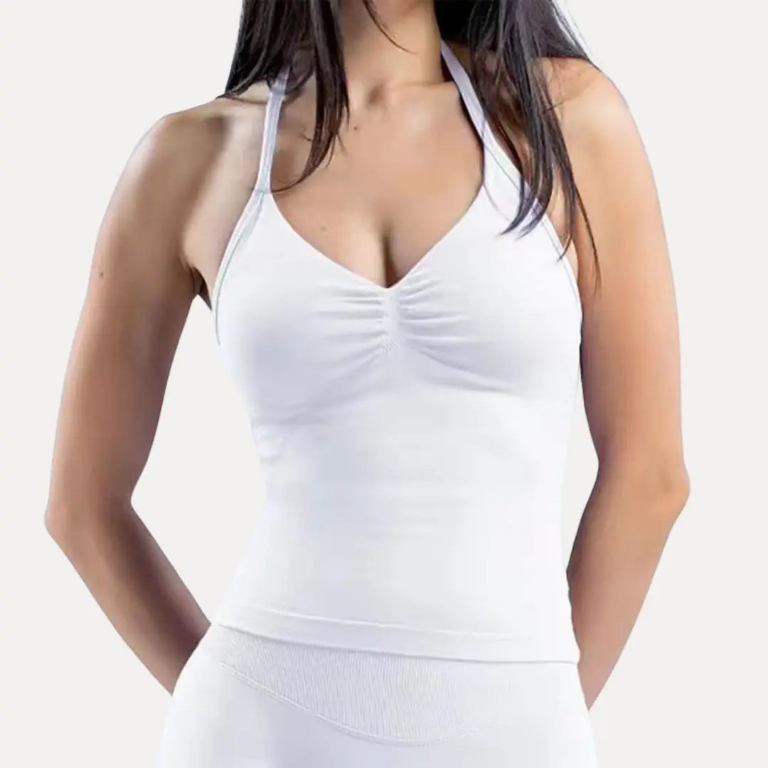 Celeste women's seamless halter tank top with ruched front for second-skin athletic fit