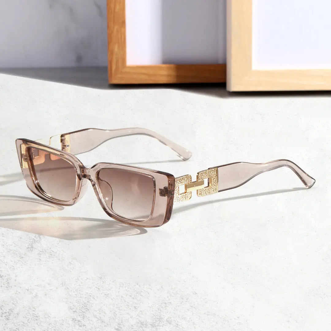 Black rectangular luxe sunglasses with gold-tone accents, UV400 lenses, bold statement look