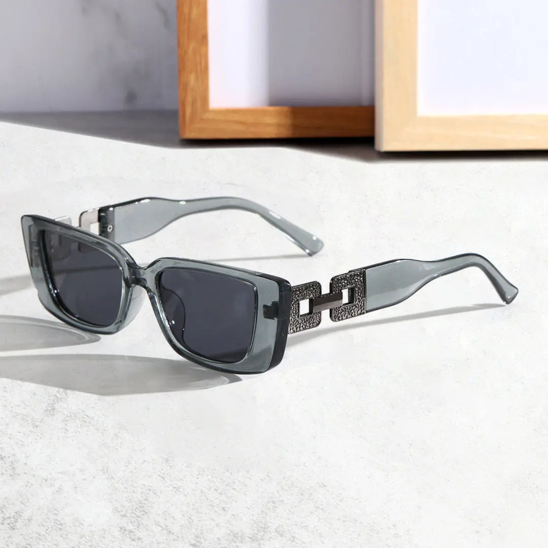 Black rectangular luxury sunglasses with gold accent frames, UV400 lenses, bold statement style