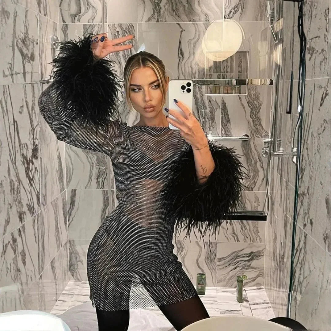 Silver shimmering mesh mini dress with feather-trimmed sleeves, glamorous party style for women