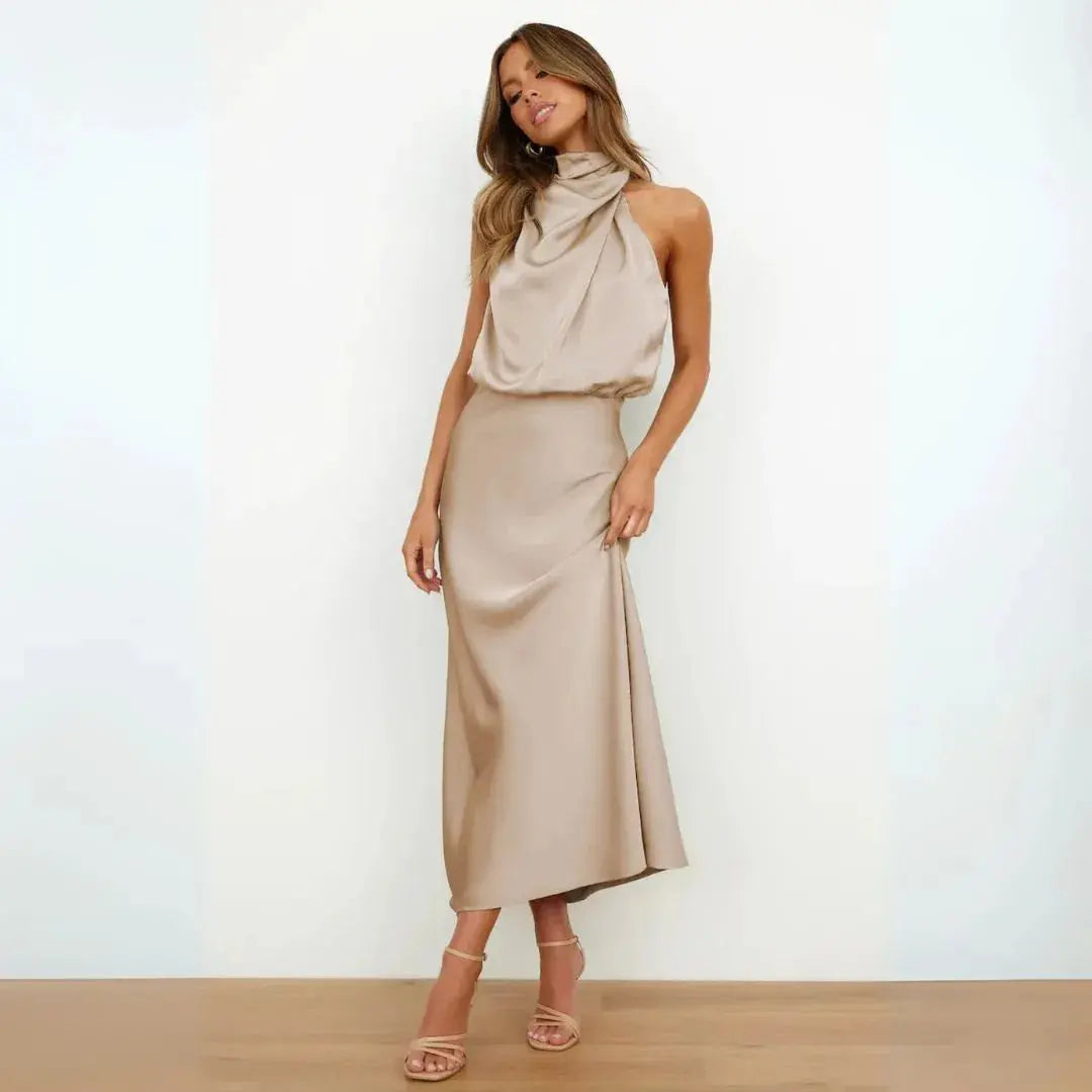 Celestina satin halter maxi dress elegant evening gown with flattering silhouette for weddings