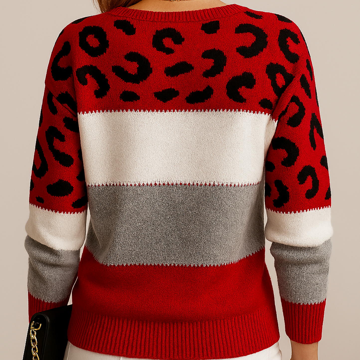 Women's relaxed leopard print knit sweater in bold animal print, cozy layering style