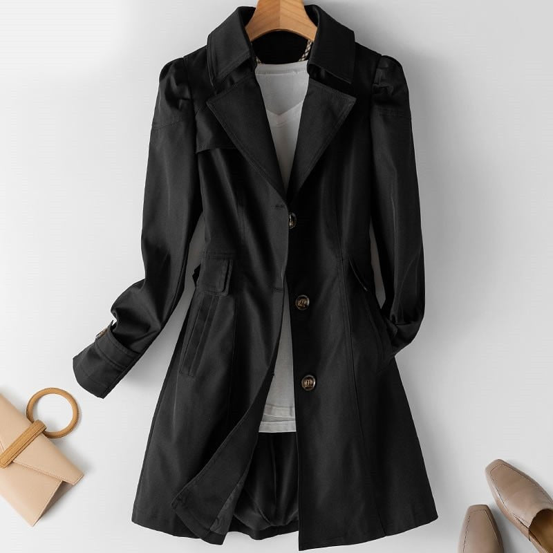 Women's lightweight water-repellent mid-length trench coat beige Dame cut button closure