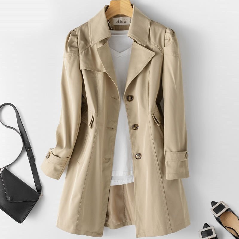 Women's lightweight water-repellent mid-length trench coat beige button closure Dame cut