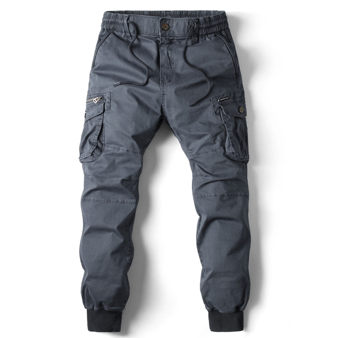 Men's gray cargo sweatpants relaxed fit with multiple utility pockets, cotton-polyester blend