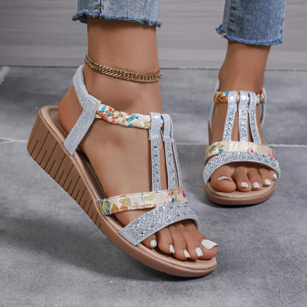 Women's rhinestone braided wedge sandals with T-strap, open toe, cushioned sole, summer sparkle