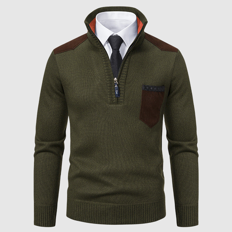Men's dark navy half-zip knit sweater with chest pocket, smart casual cozy winter pullover