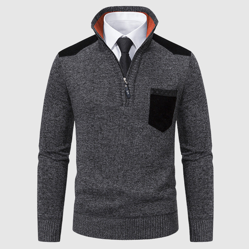 Men's half-zip winter sweater with chest pocket, cozy knit smart casual pullover for professionals
