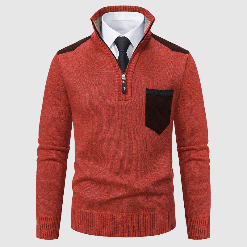 Men's gray half-zip winter knit sweater with chest pocket, smart casual professional style