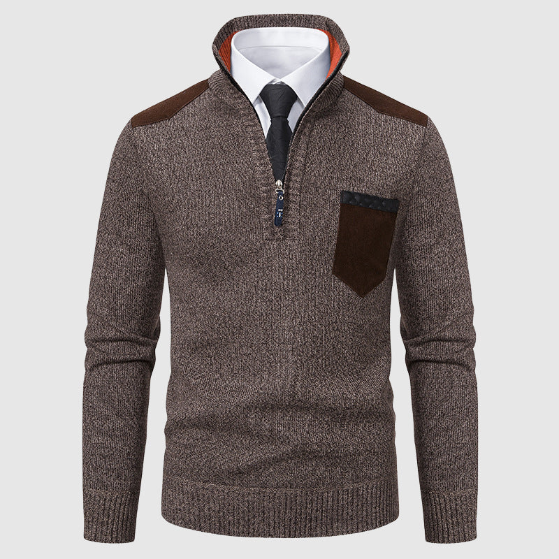 Men's gray half-zip winter sweater with chest pocket, cozy knit smart casual professional style