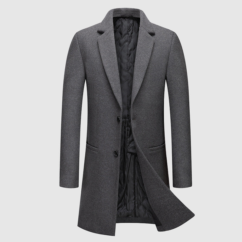 Men's long dark winter coat classic button closure notched collar semi-formal cold weather style