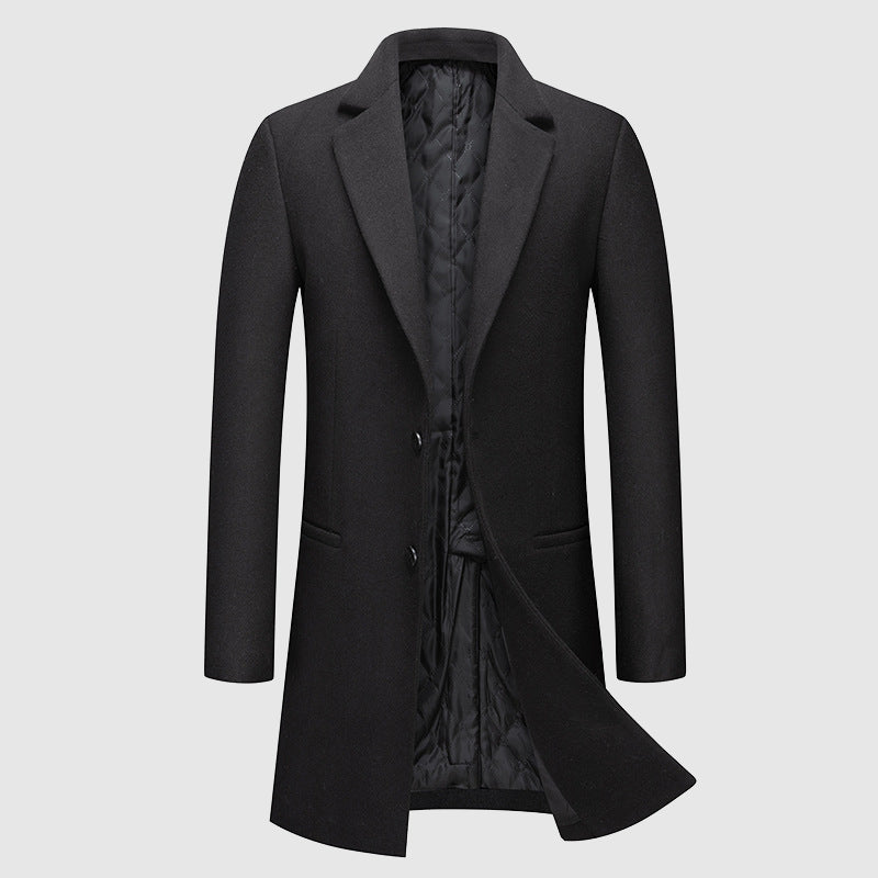 Men's long black winter coat classic button closure notched collar semi-formal cold weather style
