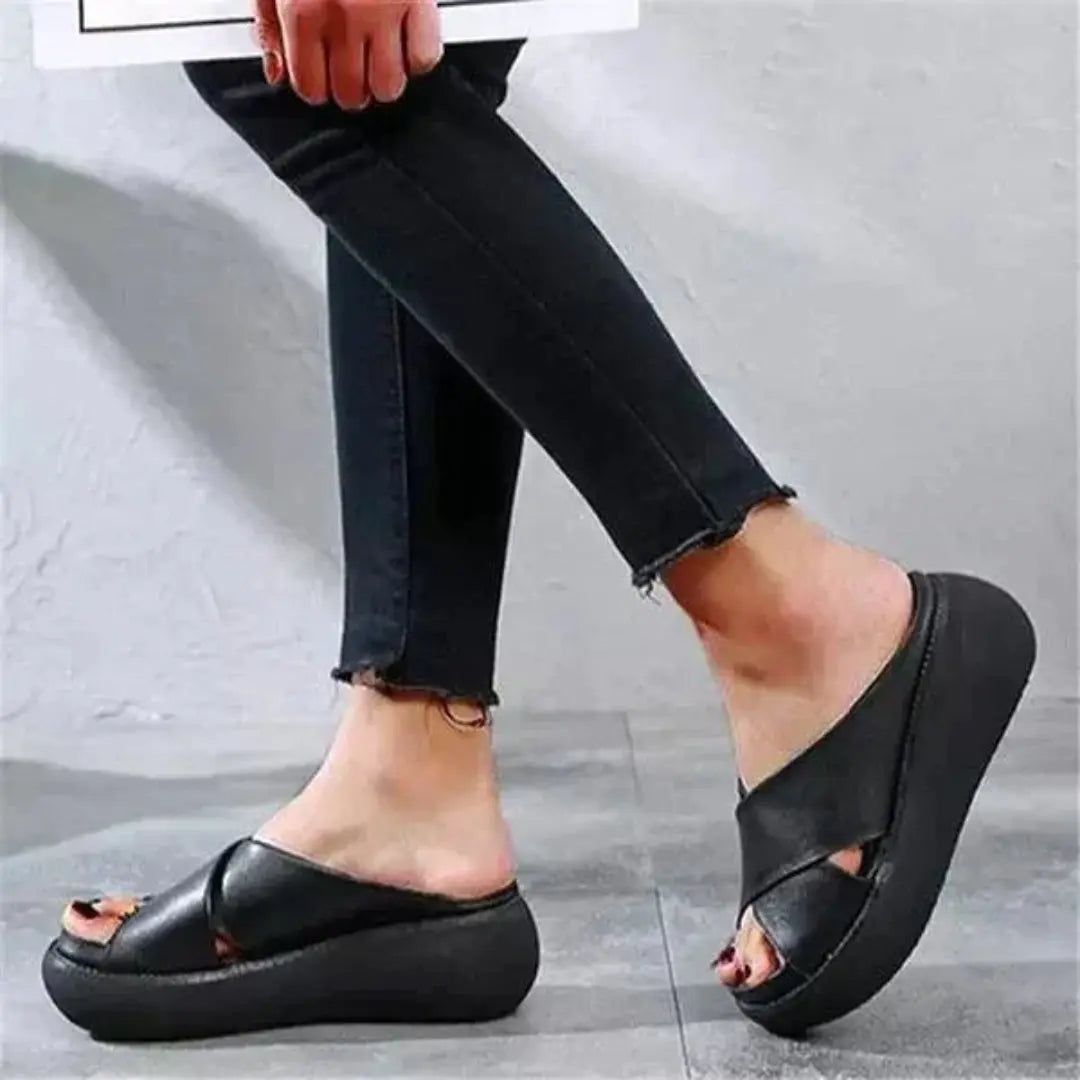 Women's beige cross-strap platform sandals with cushioned footbed and open-toe casual style