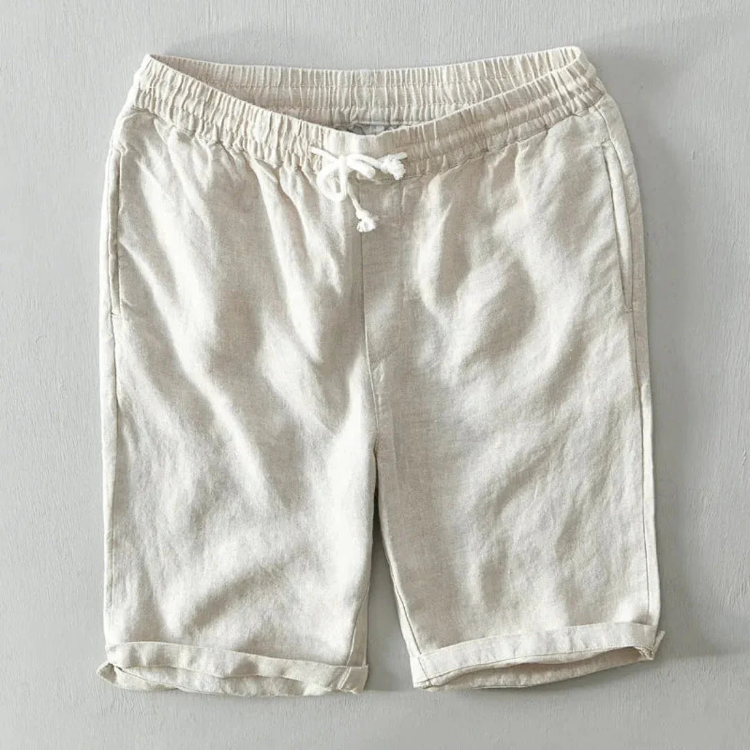 Men's beige linen-blend drawstring shorts relaxed fit moisture-wicking lightweight beach summer casual