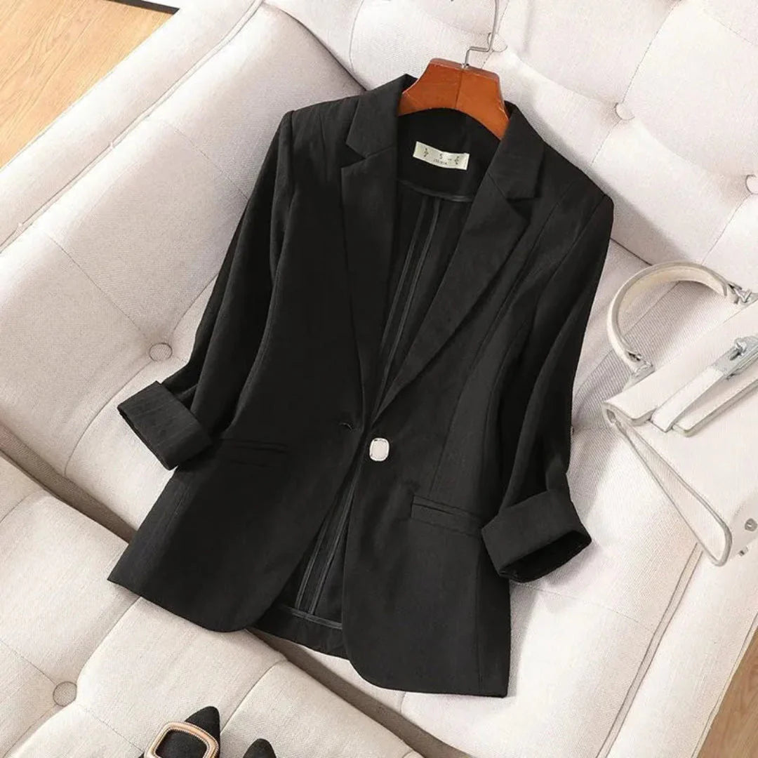 Charlie lightweight linen blazer tailored silhouette neutral tone with roll-up sleeves professional style