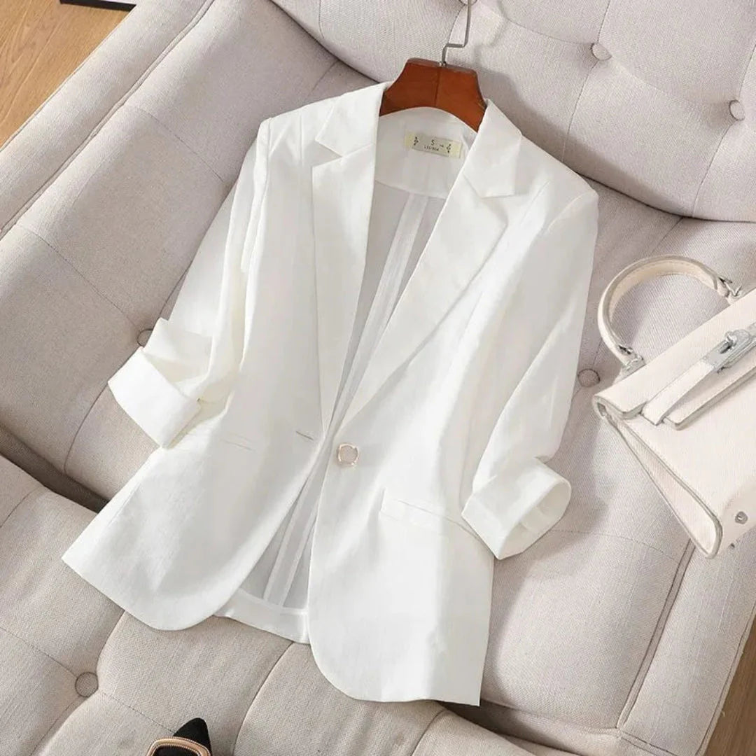 Charlie lightweight linen blazer tailored silhouette with roll-up sleeves, breathable professional style