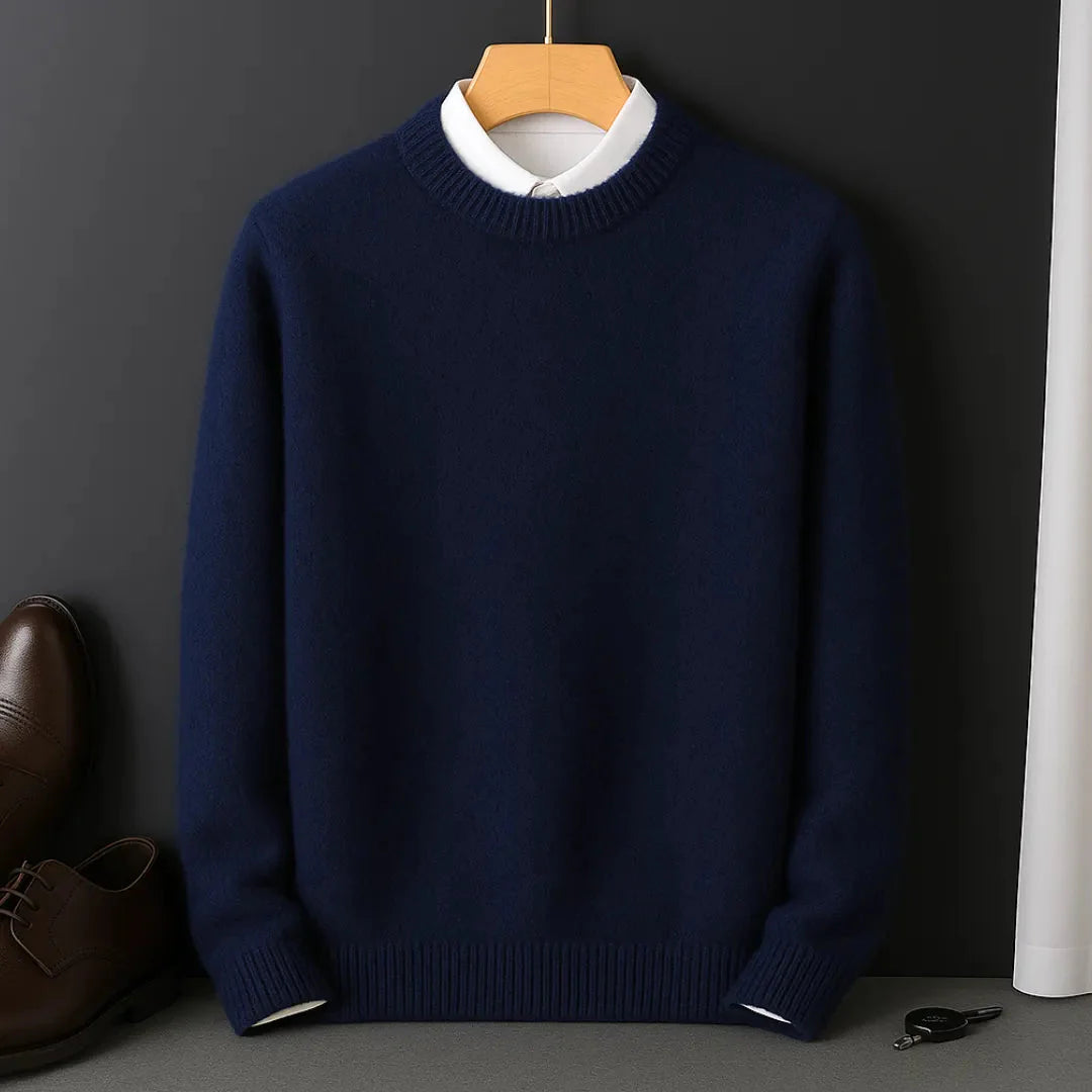 Men's cream premium cotton crew neck sweater with refined tailoring and ultra-soft lightweight warmth